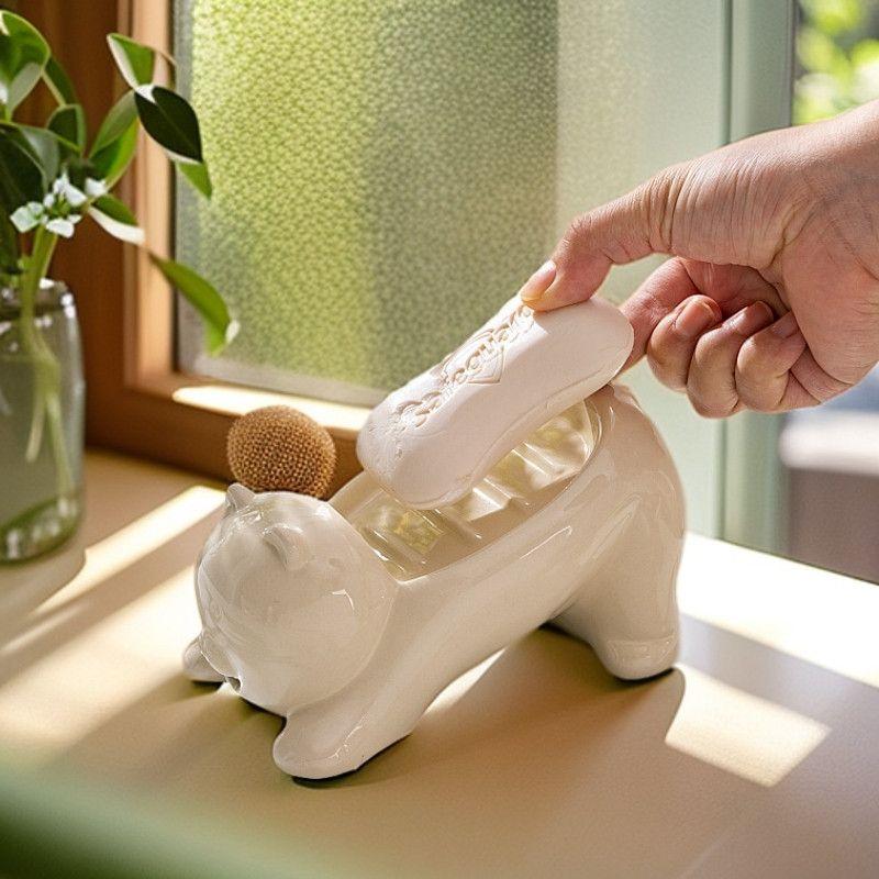 

Cartoon Cat Ceramic Soap Box Home Bathroom Creative Soap Box Hand Sink Drain M