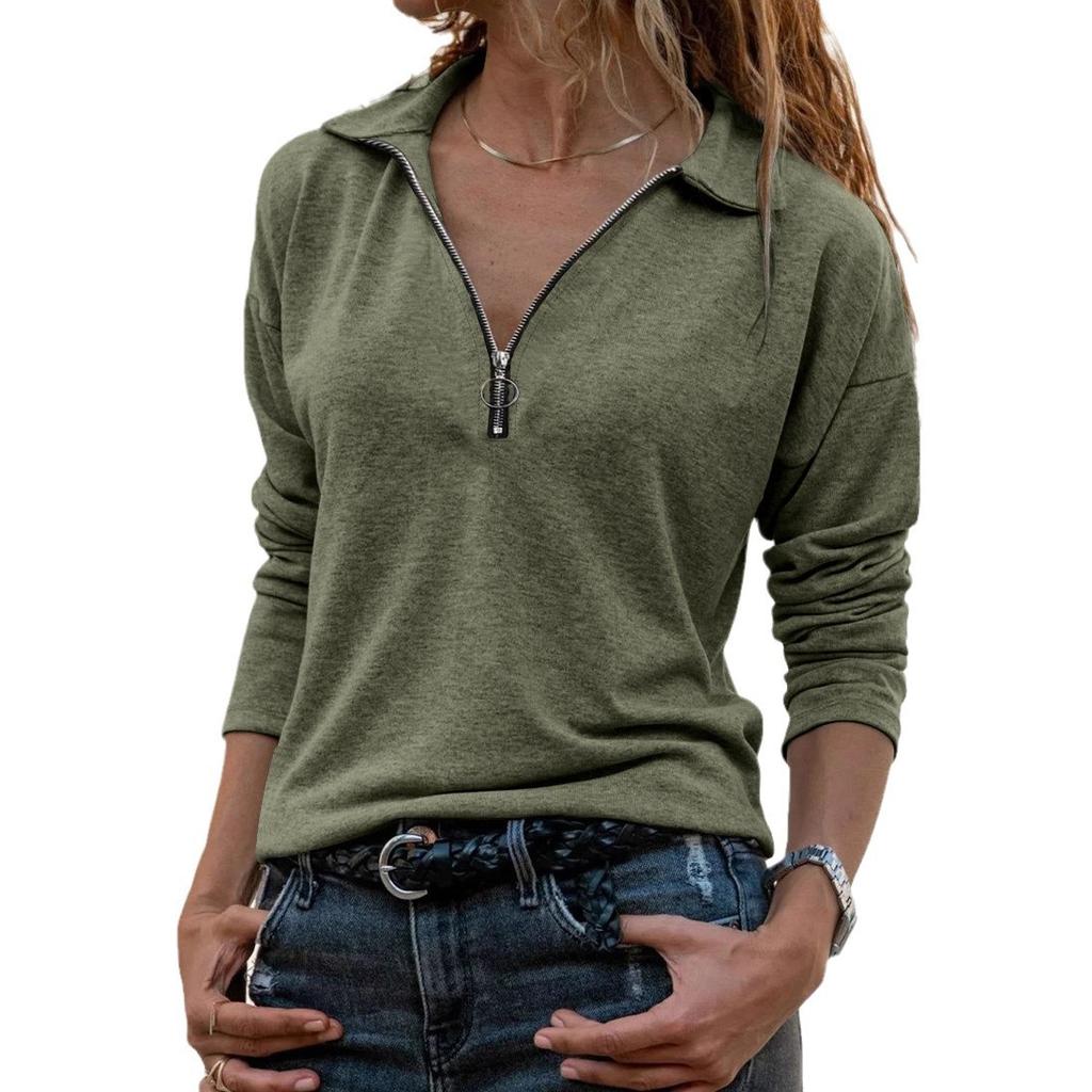 Autumn and Winter Knitted Fabric Lapel Zipper Casual Women's Pullovers & Long Sleeves
