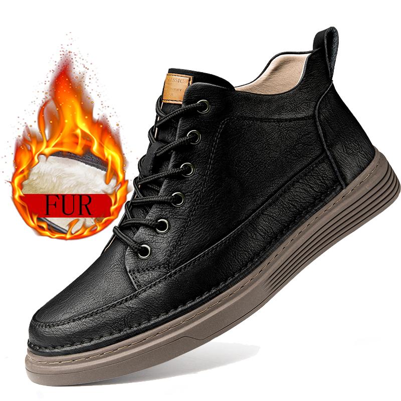 Fashion New Winter Boots Fur Lace Up Work Boots Genuine Leather Ankle Boots Plus Velvet High Top Shoes Outdoor Sneakers Thick Sole Boots