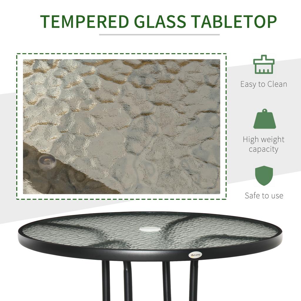 80 cm Round Dining Table with Parasol Hole, Outdoor Coffee End Side Table with Tempered Glass Top, Steel Frame for Garden, Black