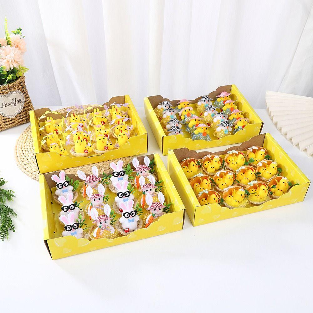 16Pcs/Set Simulation Easter Yellow Chicks Decoration Snow Man Flocking Easter Bunny Ornaments Mini Spring Cute Animal Decoration