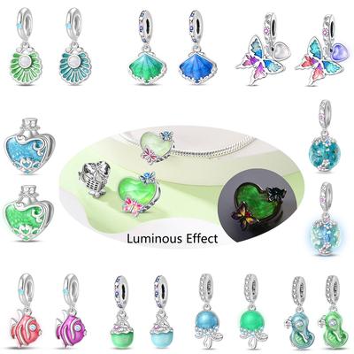 Shining Night Light Butterfly Seahorse Marine Life Copper Metal Plated Dangle Charm Bead Component Compatible With Brand Bracelet High Quality Fine