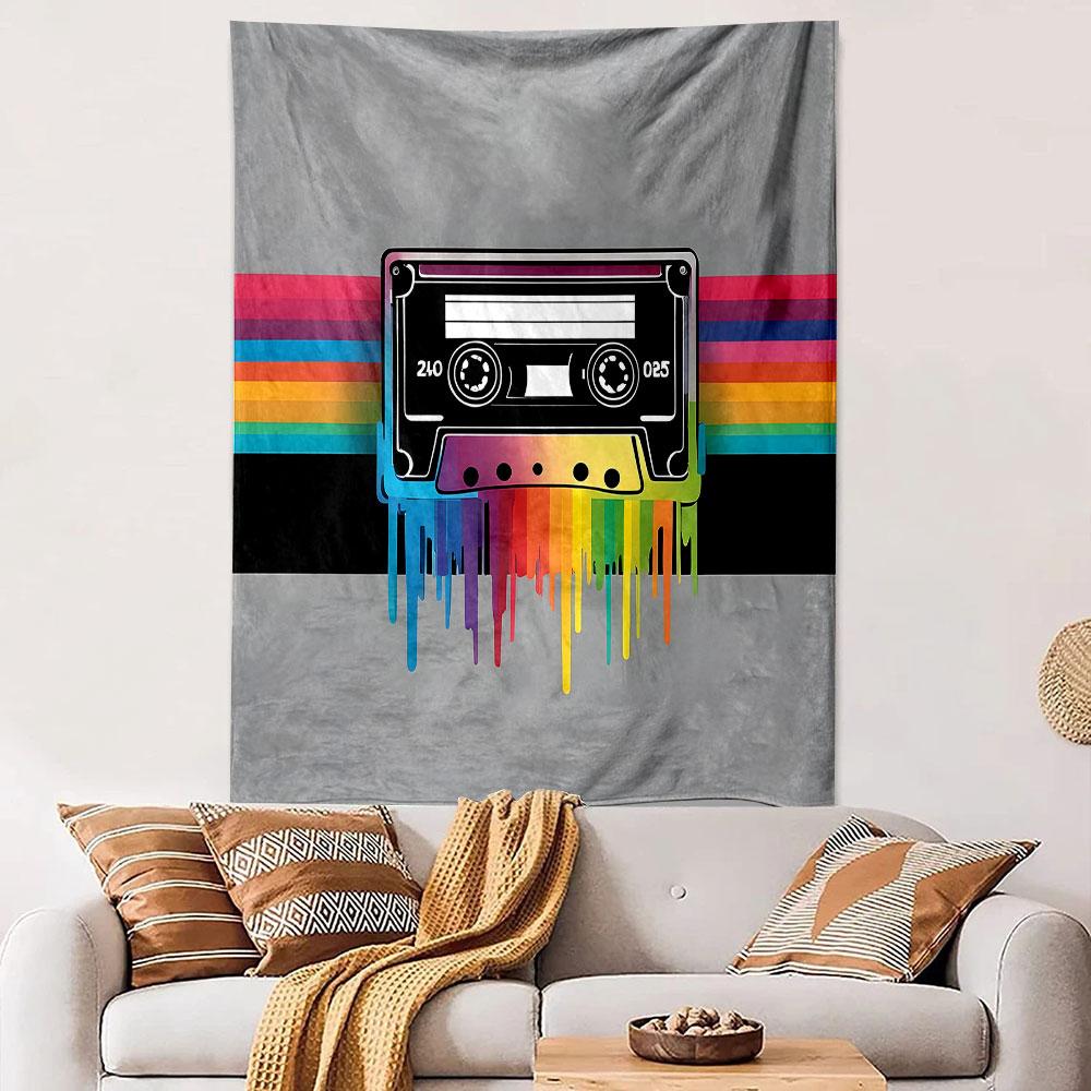 Retro Cassette Tape with Rainbow Drips Patterned Tapestry Decorative Wall Hanging, Home Bedroom Living Room Decor