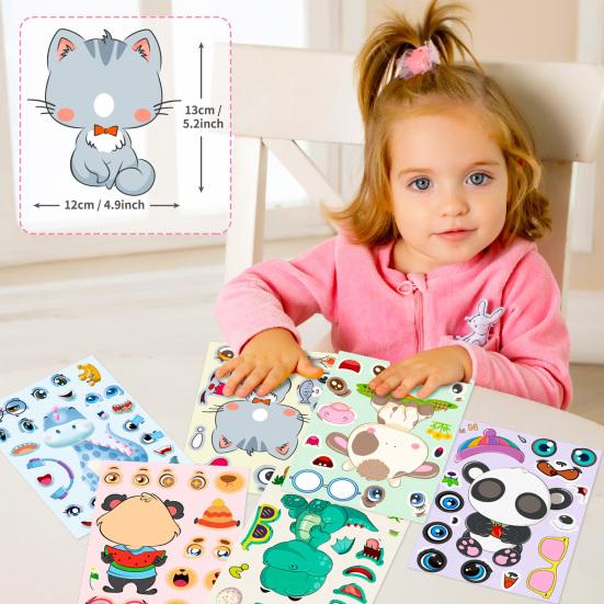 6 Stück Kinder Basteln Sie Ihre eigenen Tieraufkleber Cartoon Panda Dinosaurier Kätzchen Kuh Bär Puzzle DIY Bastelspielzeug Jungen Mädchen