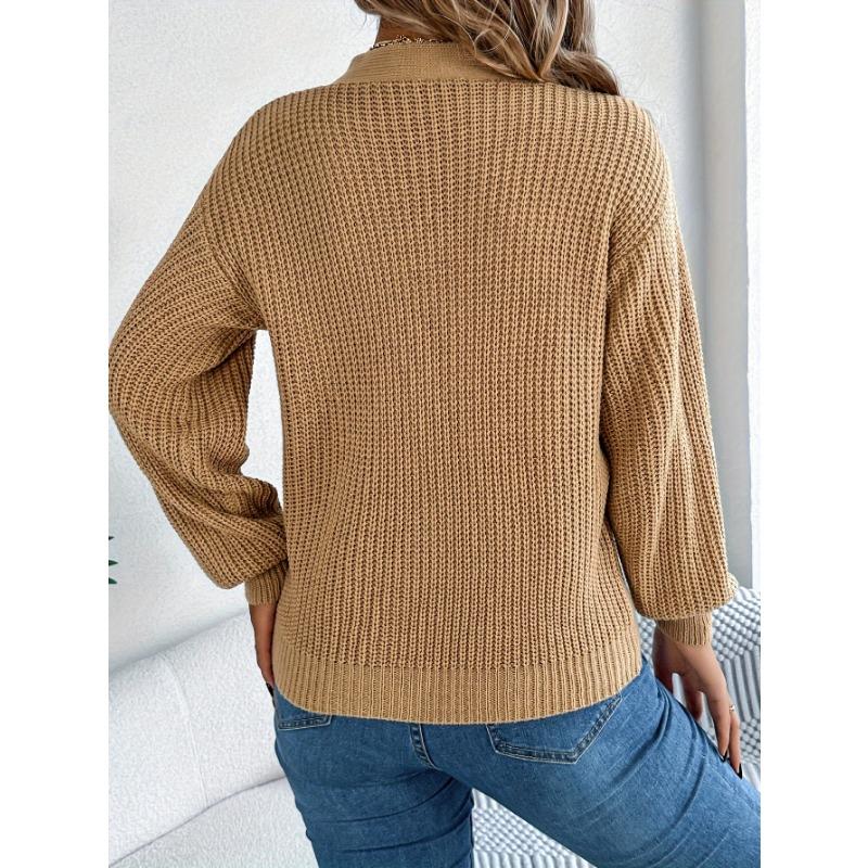 Einfarbiger V-Ausschnitt mit Lochmuster Langarm-Pullover für Herbst und Winter Freizeiturlaub.