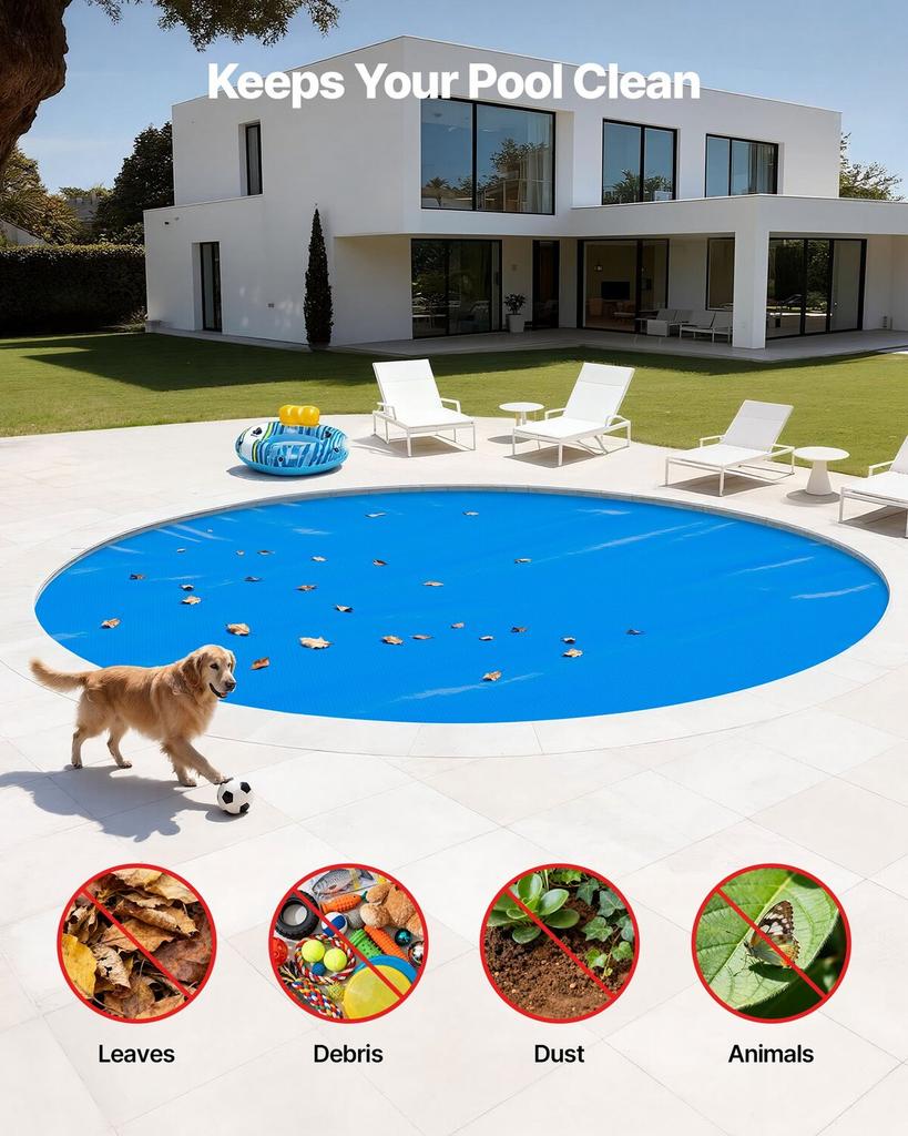 Solar Pool Cover, 5.49m Round Pool Bubble Cover, 12 Mil Pools Solar Blanket with Bubble & PE Material, Daytime Heat Absorption, Nighttime Heat