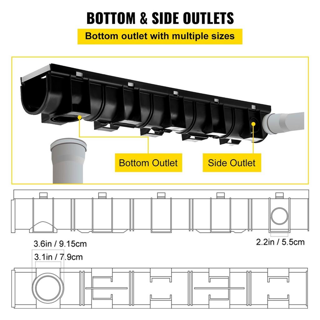 Trench Drain System, Channel Drain with Metal Grate, 150x130 Mm HDPE Drainage Trench, Black Plastic Garage Floor Drain, 3x39 Trench Drain Grate, with