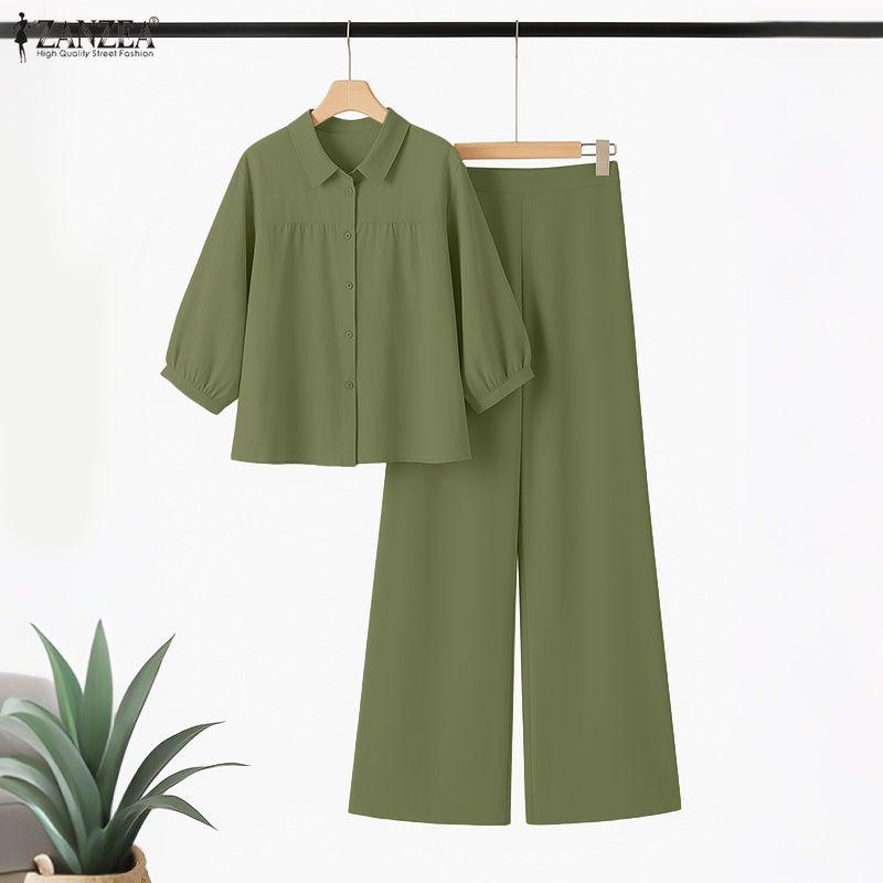 ZANZEA Conjuntos de traje casual de dos piezas con blusa y pantalones de manga 3/4 para mujer