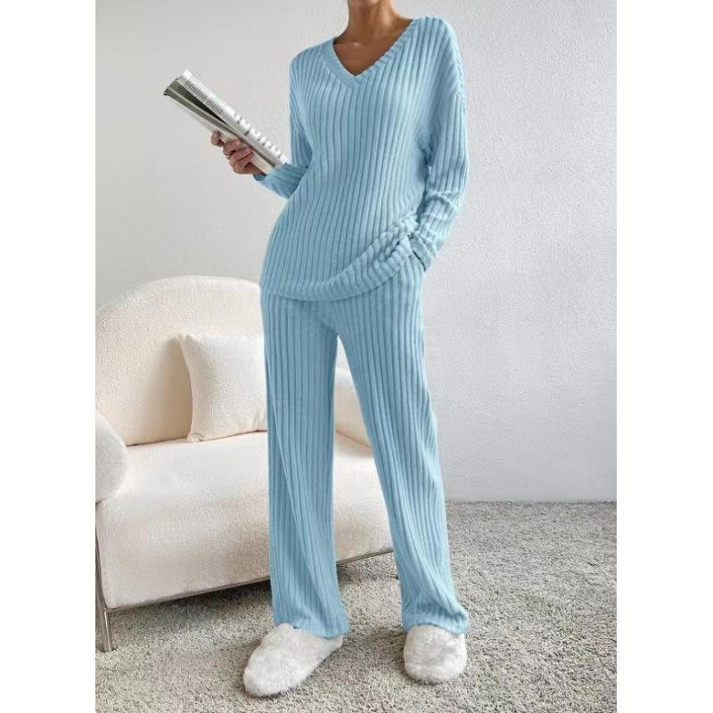 Dámské pletené soupravy podzimní a zimní s dlouhým rukávem do V s výstřihem + ležérní rovné kalhoty dvoudílná souprava