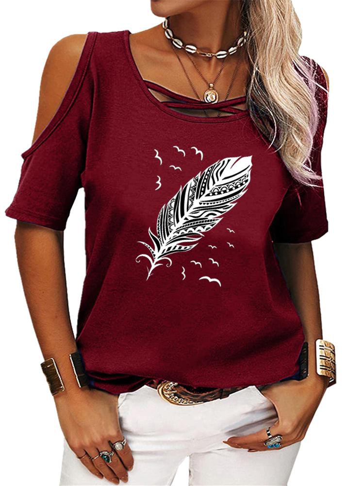 Women Fashion Short Sleeve T-shirt Casual Round Collar Summer Print Off Shoulder Top