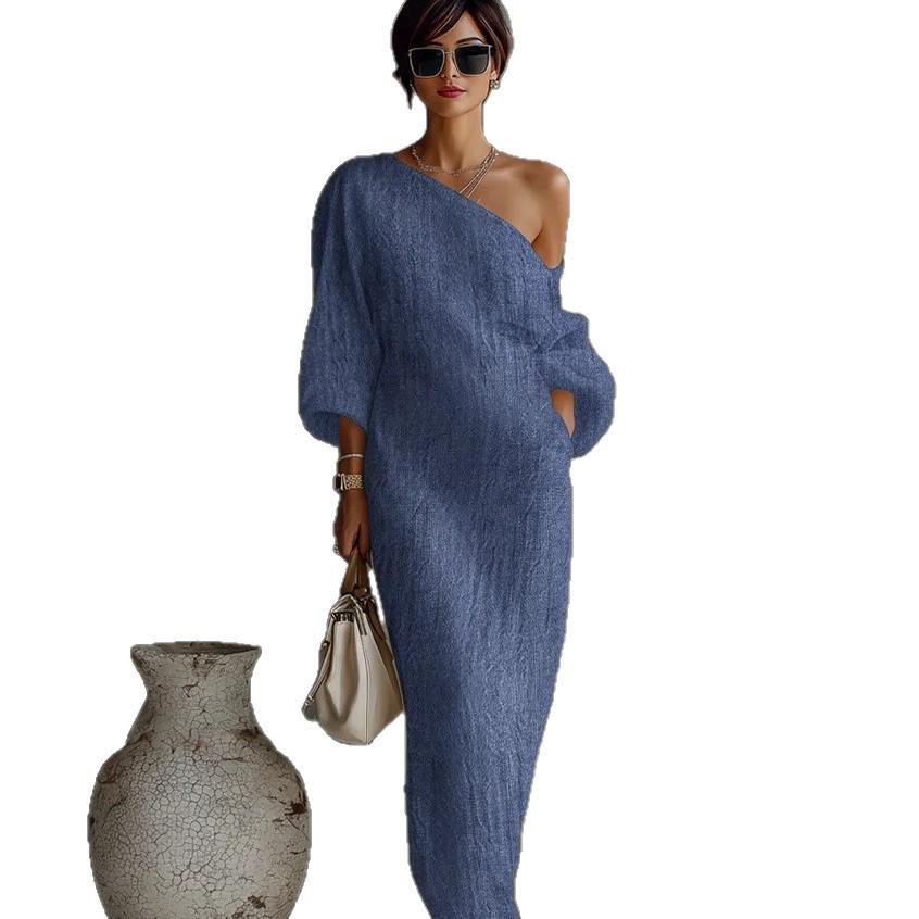 Spring/Summer 2026 Europe High-end Women's Long Sleeve Off-the-Shoulder Mid-Waist Pullover Dress