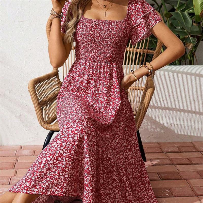 Women's Square Collar Waist Printed Bubble Sleeve Dress S-XXXL