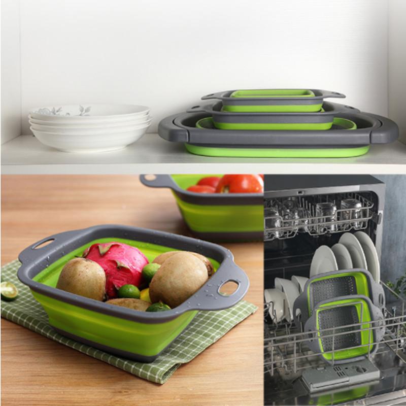 Folding Silicone Drain Basket Fruit Vegetable Washing Basket Foldable Strainer Colander Collapsible Drainer Kitchen Storage Tool Set