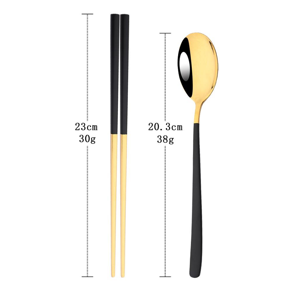 5Set Black Gold Portable Travel Cutlery Set Chopsticks Spoon 304 Stainless Steel Korean Dinnerware Set Luxury Tableware Set