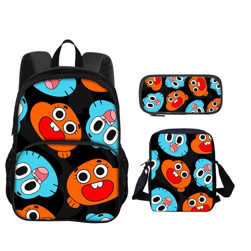 The Amazing World of Gumball Round Front Bag Backpack Pen Bag Shoulder Bag 3Pcs Set Cartoon Anime Printed Student Boys and Girls