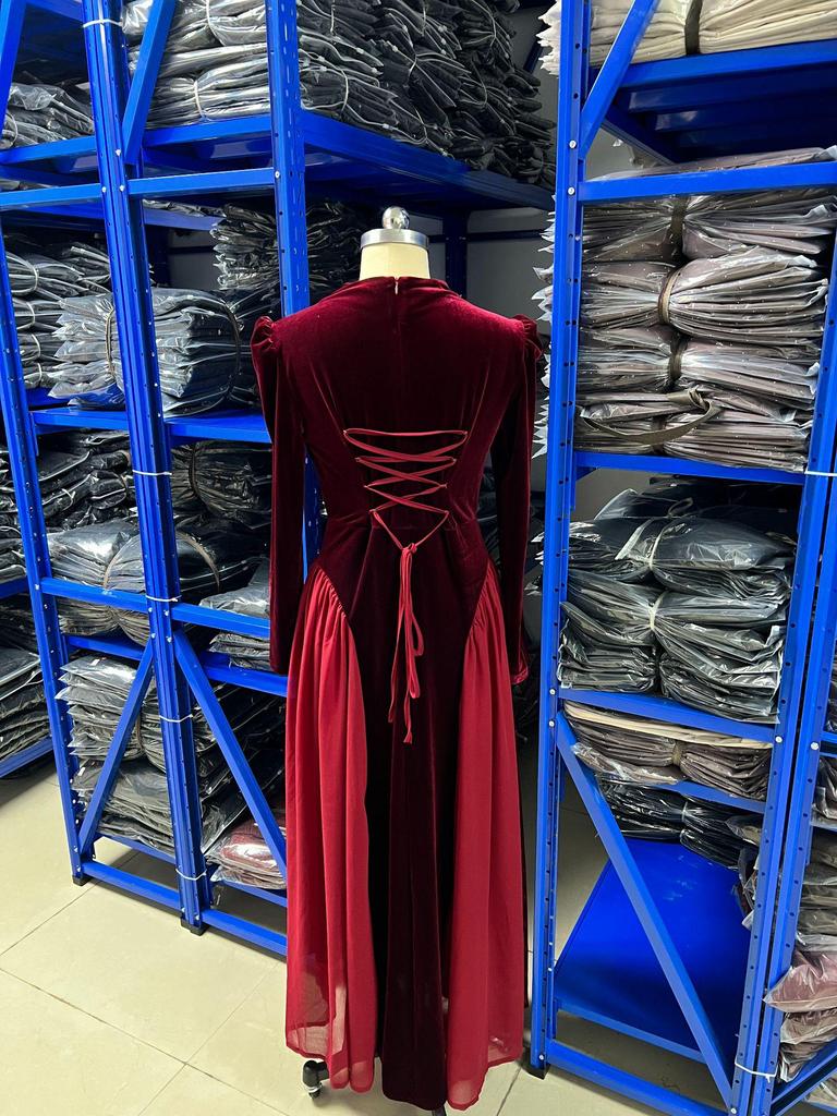 Spring 2026 Women's Gold Velvet Chiffon Slim-Fit Dress