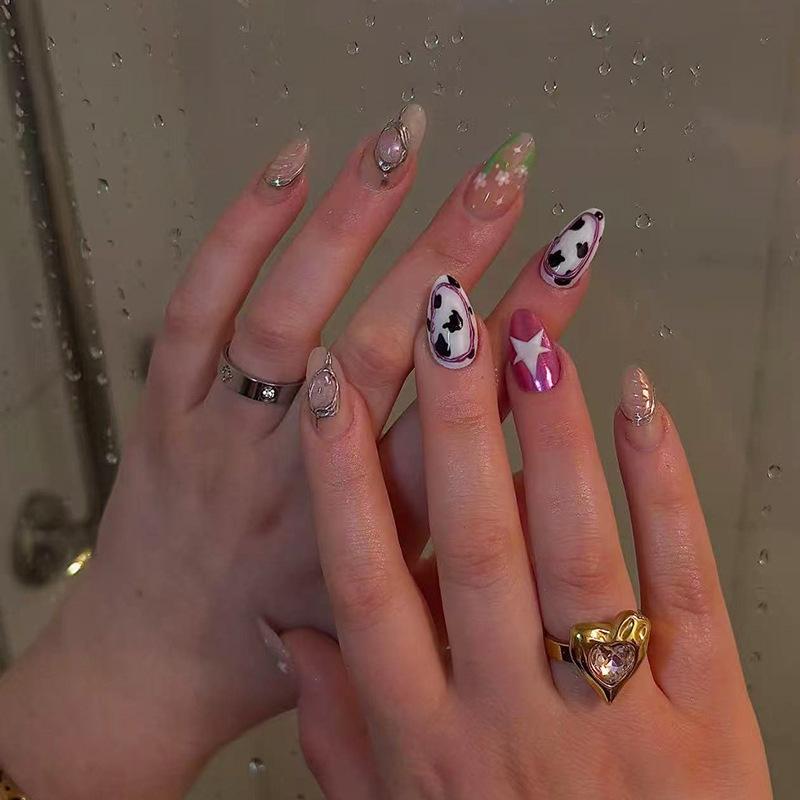 Three-dimensional cat's eye pink purple flower star light versatile ins wind removable manicure 30 pieces press on nail