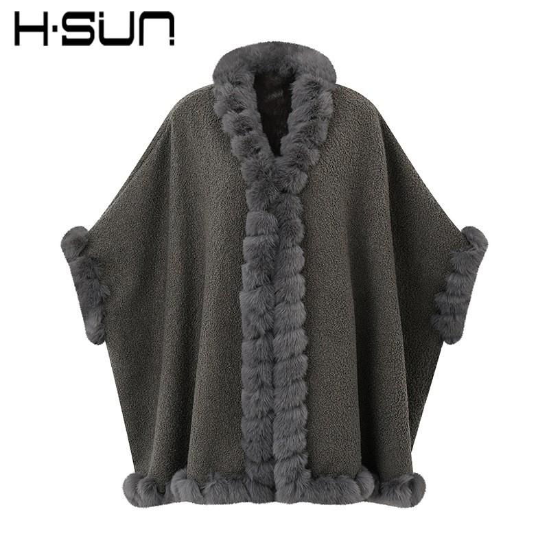 Damen Gestrickter Poncho Schal Mit Kunst Rex Kaninchenfellbesatz Warm Street Style Umhang Herbst Winter