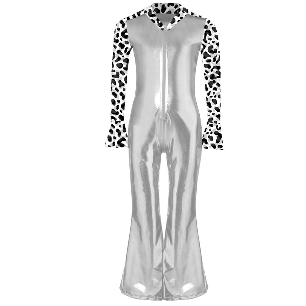 Boys Disco Costume Patchwork Printed Design Shiny Metallic Lapel Collar Long Flare Sleeve Bell Bottomed Pants Jumpsuit