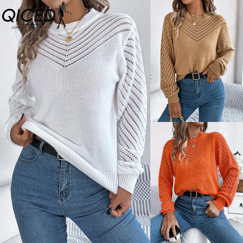 QICED Autumn and Winter Casual Solid Color Round-neck Hollowed-out Lantern Sleeve Pullover Sweater Women's Wear