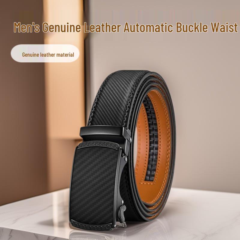 Men's Genuine Leather Automatic Buckle Belt - Versatile Cowhide for Trousers