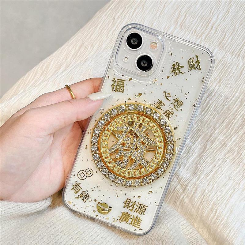 For Apple 17promax Rotating Money Phone Case for IPhone 16 Plus Fortune Gold Foil 14 Transparent Dropping Adhesive 15