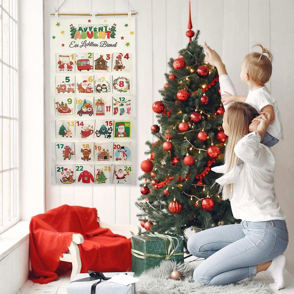 Fabric Christmas Advent Bag with Pockets 24 Days Storage Pouch Countdown Calendar Hangable Bags for Home Office Party Decor