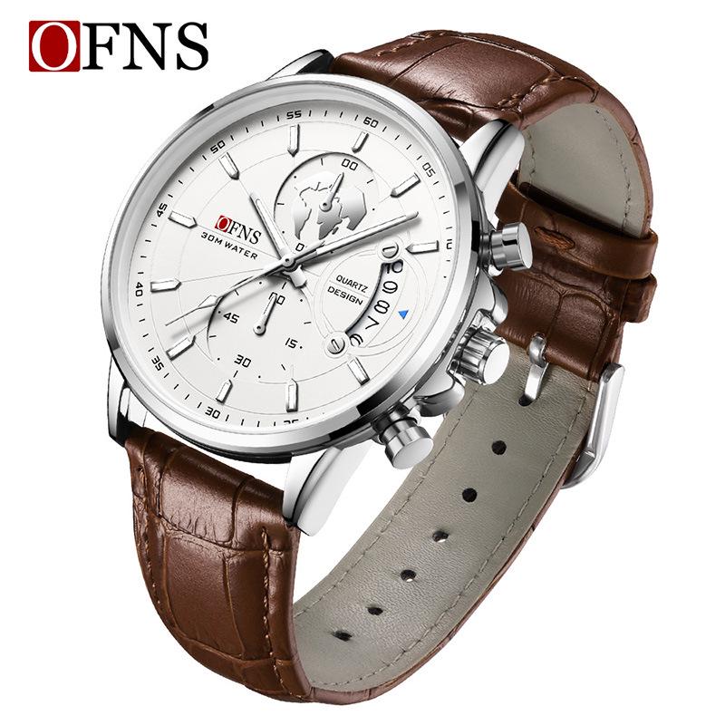 Oufanni Men s Quartz Chronograph Watch: Luminous, Waterproof, Leather Strap, Calendar Function