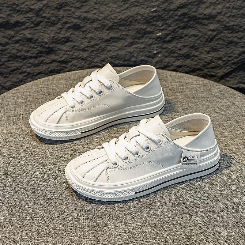 

Маленькие белые туфли в форме ракушки, женские весенне-летние новые удобные повседневные туфли с открытым носком и плоской подошвой, кожаные кроссовки на шнуровке