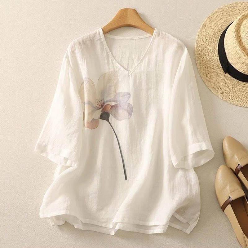Cotton T-shirt Female Summer V-neck Loose Soft Casual Large Size Short-sleeved Blouse Top