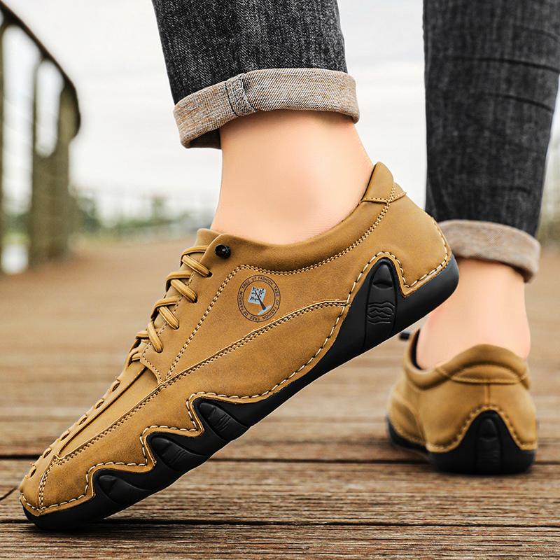 Men Lightweight Comfort Sneakers Non-slip Quality Stitch Solid Leather Shoes Outdoor Commute Casual Walking Driving Flats Shoes