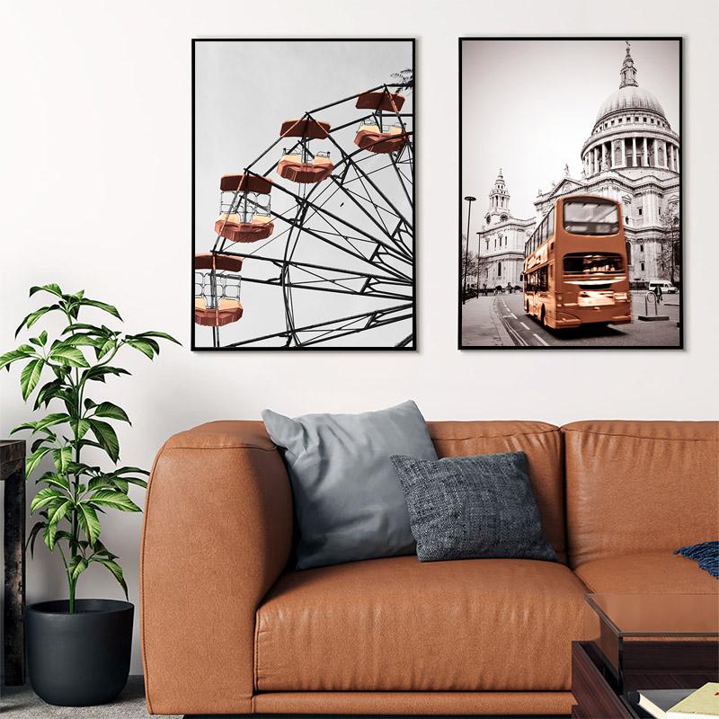 Modern Fashion Eiffel Tower Canvas Painting Landscape Ferris Wheel Balloon Wall Art Posters Tram Road Pictures Living Room Decor