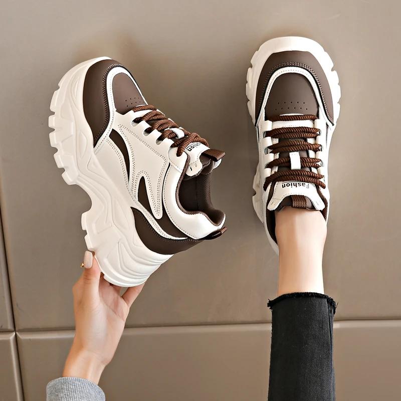 Mix Color Chunky Platform Sneakers Women Lace-Up Thick Bottom Vulcanzied Shoes Female Pu Leather Non-Slip Sports Shoes Woman