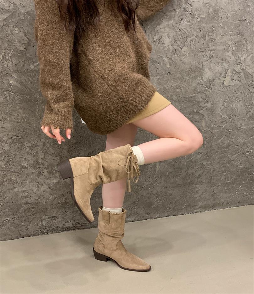 

Casual wind 2025 autumn new tassel braided belt thick heel stack medium boots short boots Boken shoes increase height 39 хаки