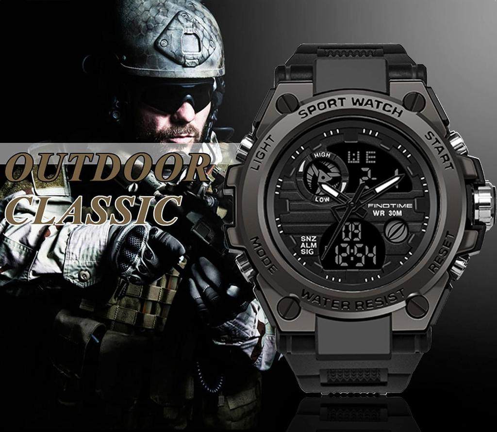 findtime Men's Digital Watch with Analog and Digital Analog Function, Waterproof, Military Watch, Stopwatch, Sports, Dual Time, Stylish Alarm, LED, Ja