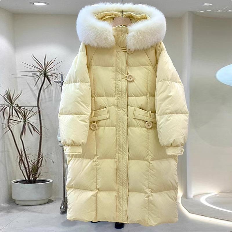 

Новый пуховик класса люкс женский средней длины и длинный дизайн до колена длинный стиль модный утолщенный милый с капюшоном большой меховой воротник S