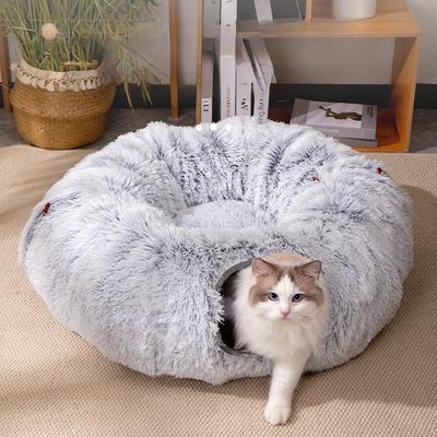 Cat Tunnel Bed Round Play Tunnel with Balls Plush Donut Washable Peekaboo Cave for Kittens Small Large Foldable Burrow Cat Toy