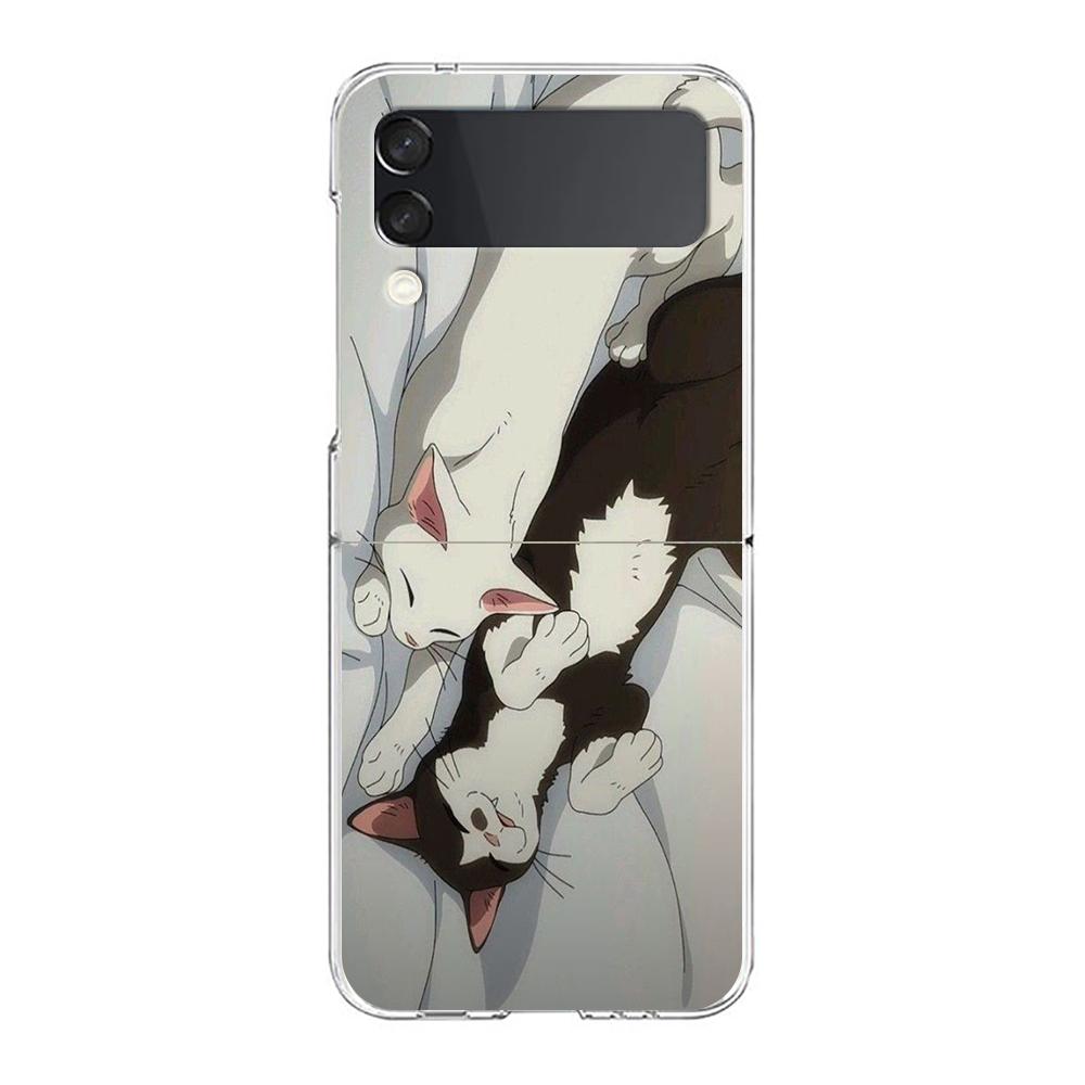 Phone Cover For Samsung Galaxy Z Flip 6 5 4 Case Transparent For Samsung Z Flip 3 Hard PC Foldable Bags Cartoon Black Cat Couple
