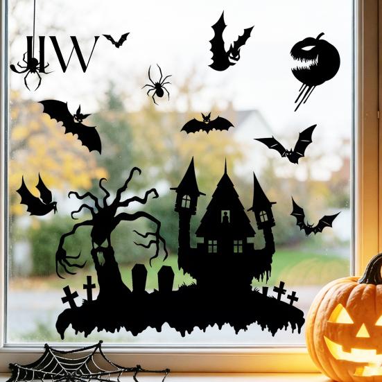 Living Room Wall Murals Halloween Static Sticker, with Witch/Ghost/Castle/Bat Horror Silhouette Patterns, Durable PVC Theme Home Decor Decals,