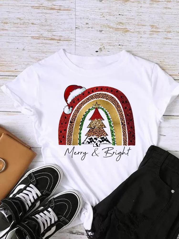 Christmas Womens Round Neck Short Sleeved Christmas Tree Reindeer Print Womens Loose Oversized Comfortable White Tshirt