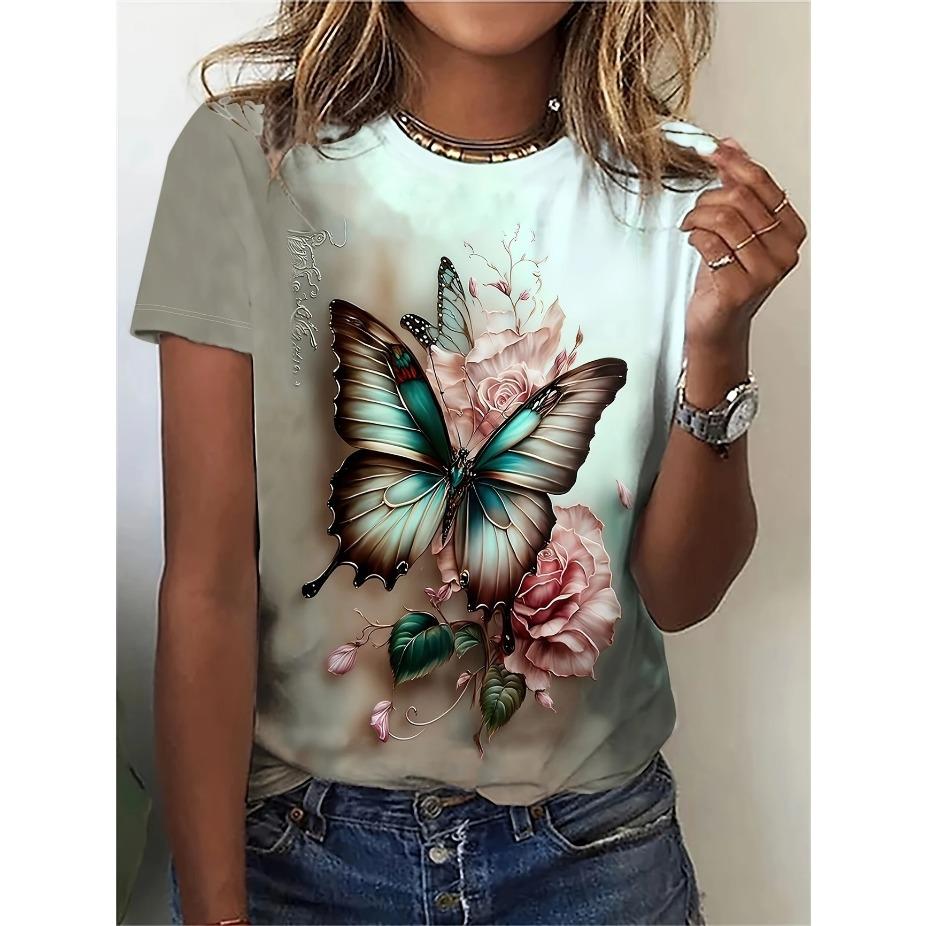 Vibrant Butterfly Print Crew Neck T-Shirt Soft Slight Stretch Polyester Regular Fit Short Sleeve Spring & Summer Womens Casual Clothing