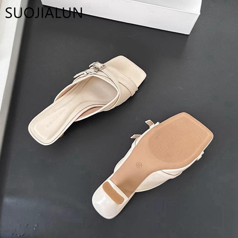 Fashion SUOJIALUN 2025 New Brand Women Slipper Fashion Square Toe Slip On Ladies Elegant Slides Square High Heel Outdoor Dress Sandal