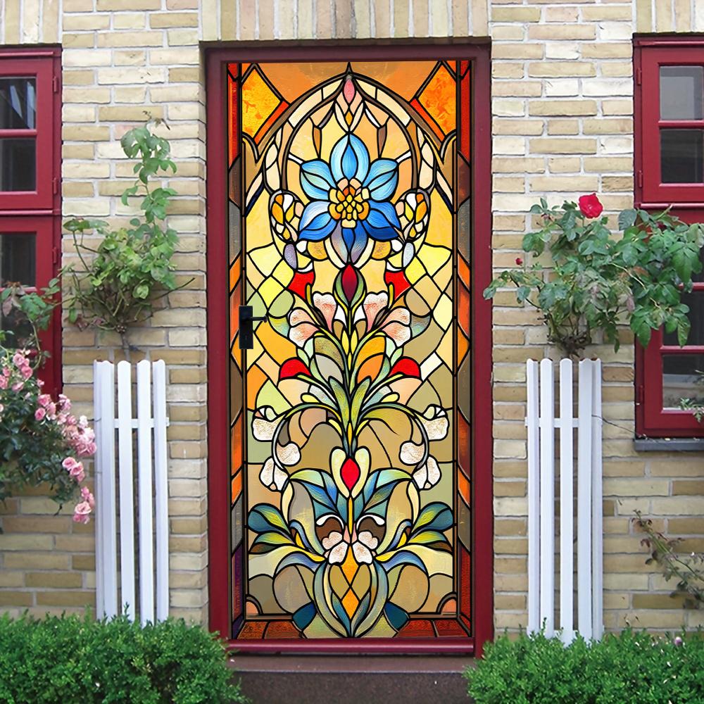 

1pcs color retro church glass style door stickers, home art glass stickers, living room bedroom entrance decoration stickers (as the picture,77x200cm)