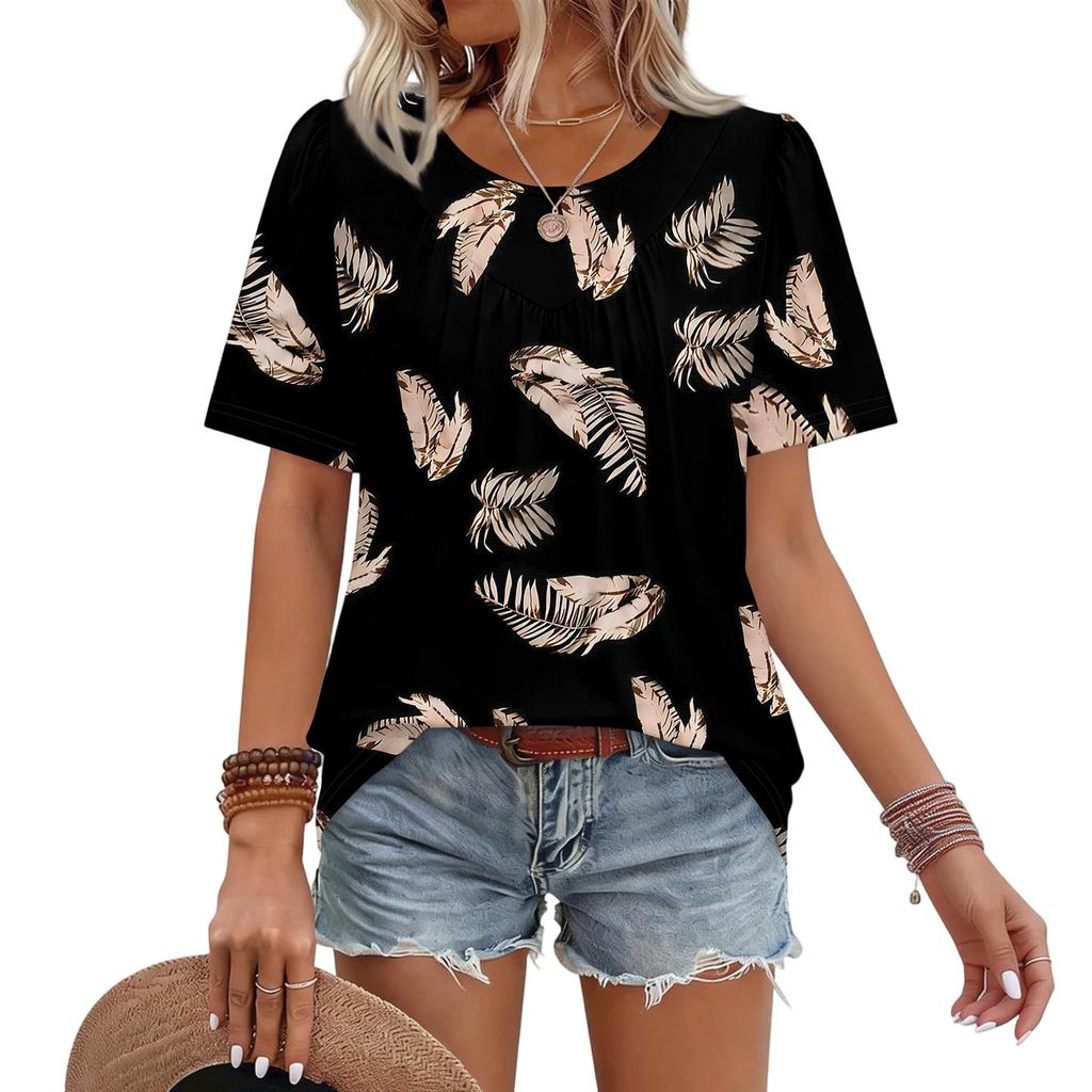 Dams casual mode rundhalsad blommig tryckt veckad kortärmad t-shirt topp