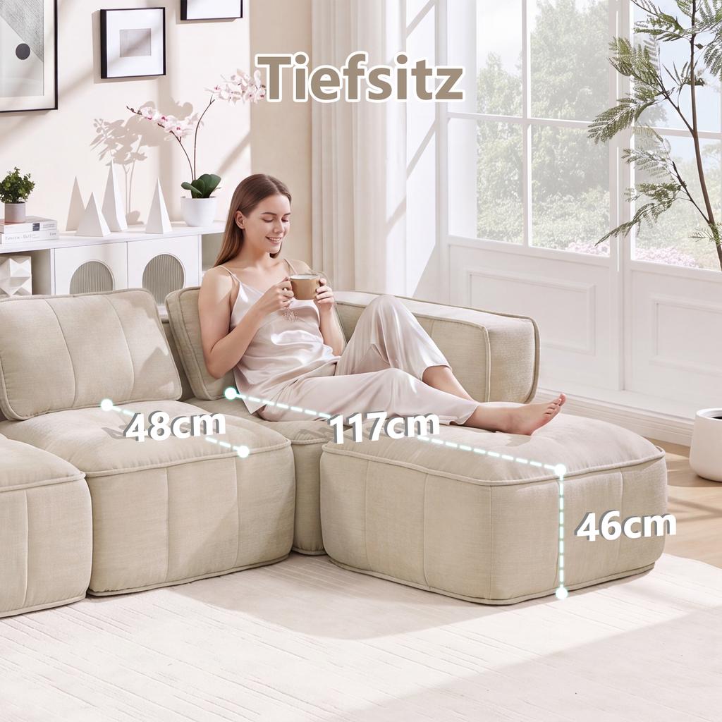 4-Seater U-Shaped Modular Sofa Without Frame, 2 Stools, 32D High-Density Foam, Soft Fabric Cover, Non-Slip, Living Room, No Assembly Required, Beige.