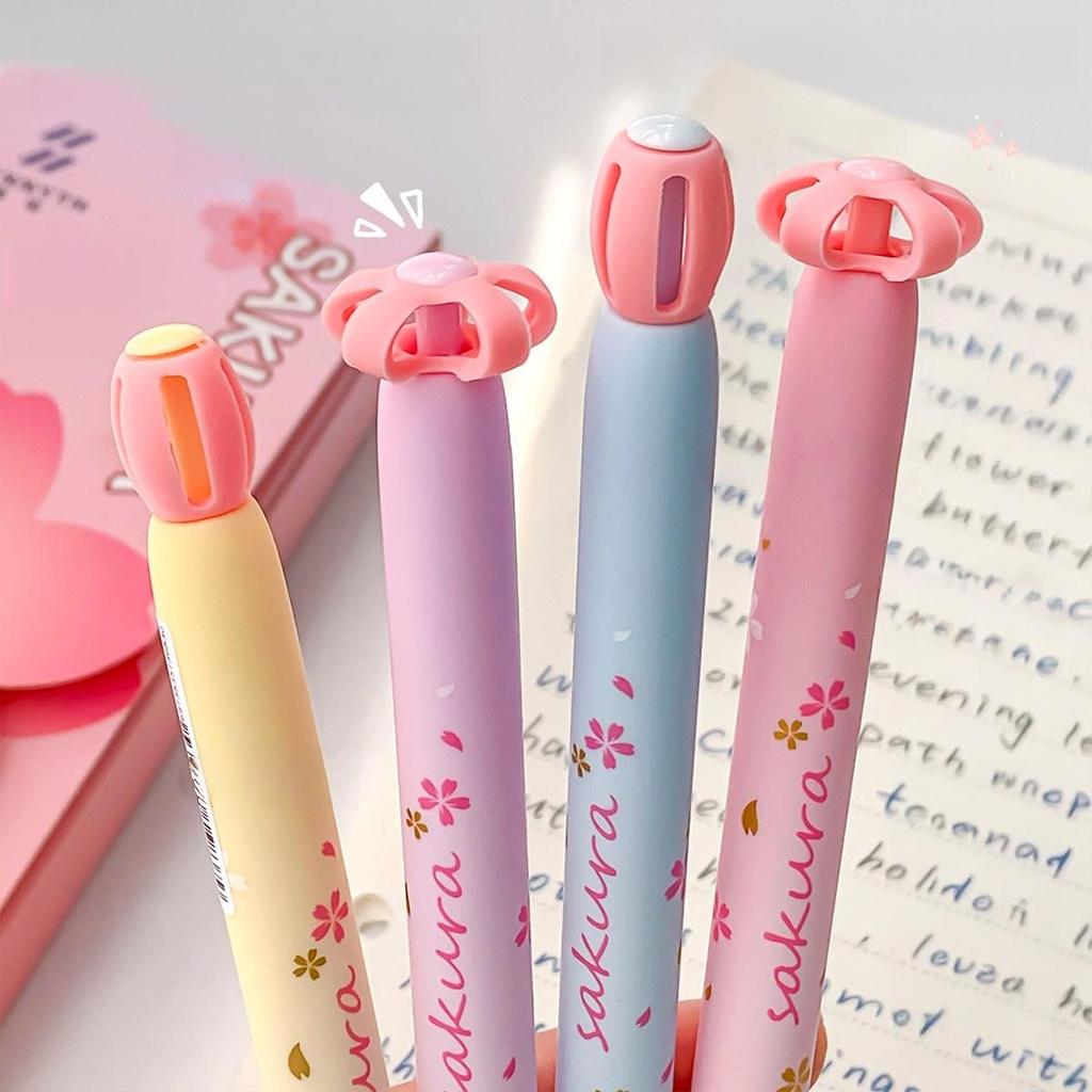 4pcs Sakura Gel Ink Pens Set Cherry Blossom Flower Print 0.5mm Ballpoint Black Color Ink Quick Dry Smooth Writing