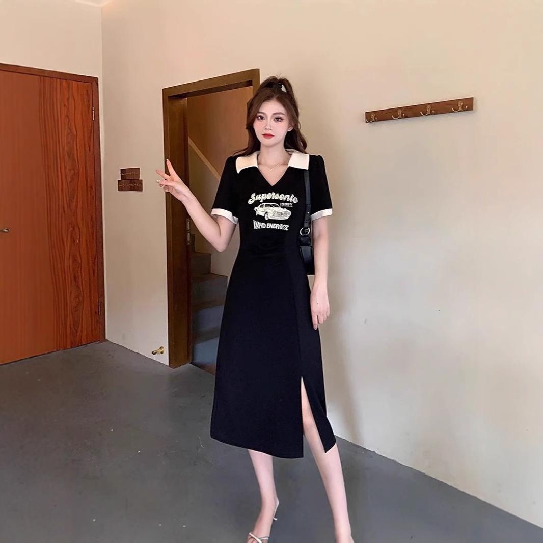 

Elegant French Style Knit Maxi Dress with Waist-Cinching Slit and Lapel Patchwork for Women Black [Premium Quality]