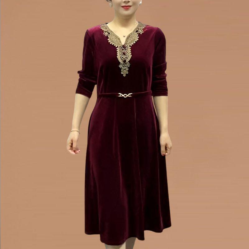 Jesień Zima Odzież Damska Złoty Aksamit Luksusowy Elegancki Sukienka Vintage Moda Casual Nowy Luźny Długi Rękaw Midi Szykowna Sukienki