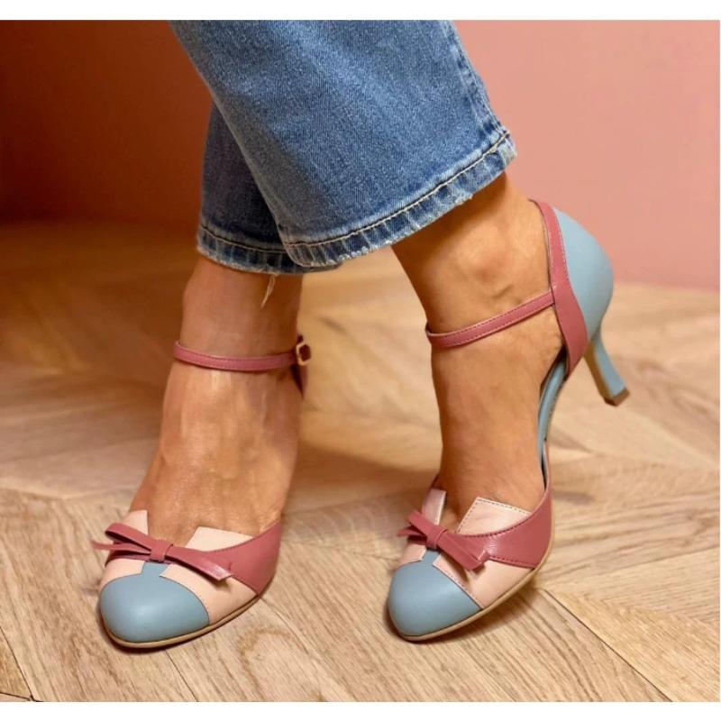 Fashion New Style Sweet Female Pumps Round Toe Small Heels 6cm Buckle Strap Bowknot Mixed Color Plus Size 34-43 Spring Dating Shoes