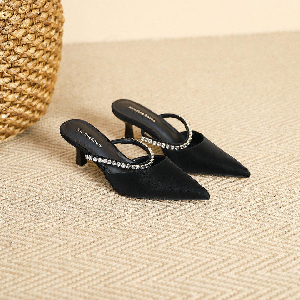 2025 New Summer Women's Rhinestones Shallow Mouth Pointed Head High Heel Single Black Sexy Bag Head Rear Empty Half Drag One-word Belt